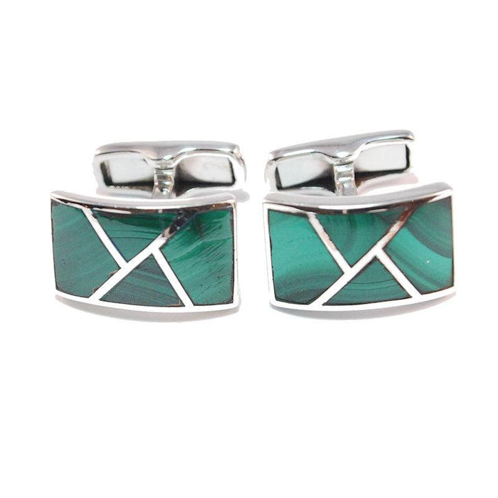 TMJ sterling malachite silver cufflinks with green inlay and geometric silver accents for formal and business wear