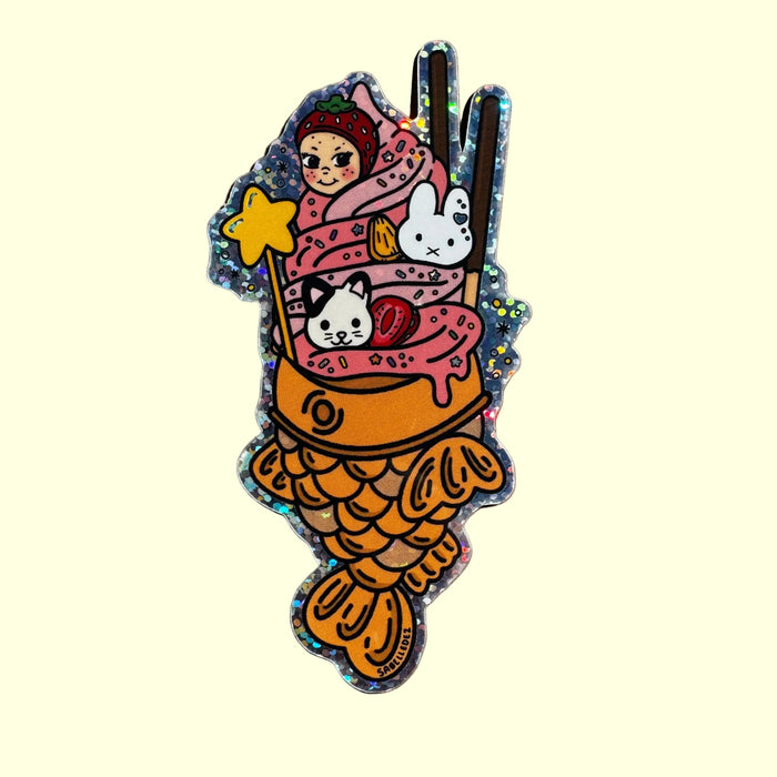 Colorful cartoon-style fish with characters on a brown background