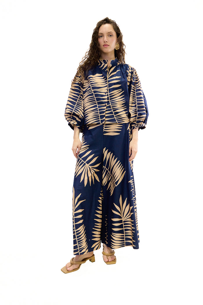 Tropical palm print wide leg trousers wholesale