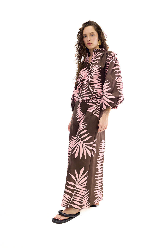 Tropical palm print wide leg trousers wholesale