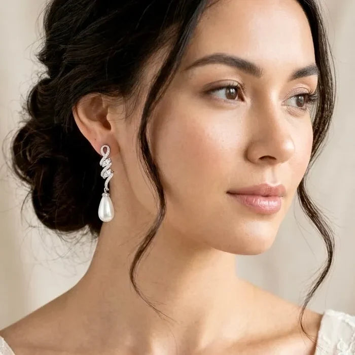 Pearl Wedding Jewelry - Pearl and Cubic Zirconia Bridal Earrings