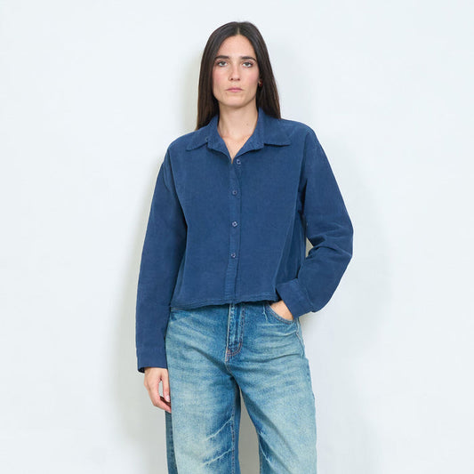 Washed cotton cropped shirt with raw edge hem wholesale