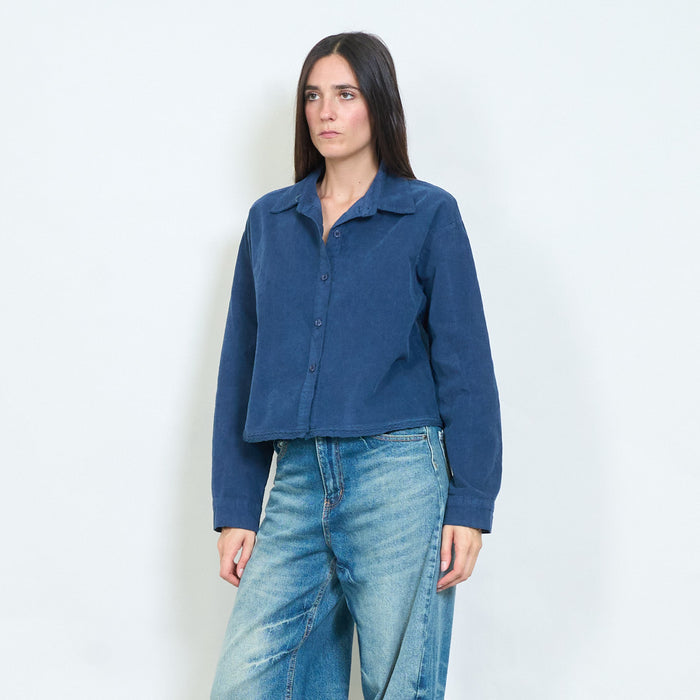 Washed cotton cropped shirt with raw edge hem wholesale