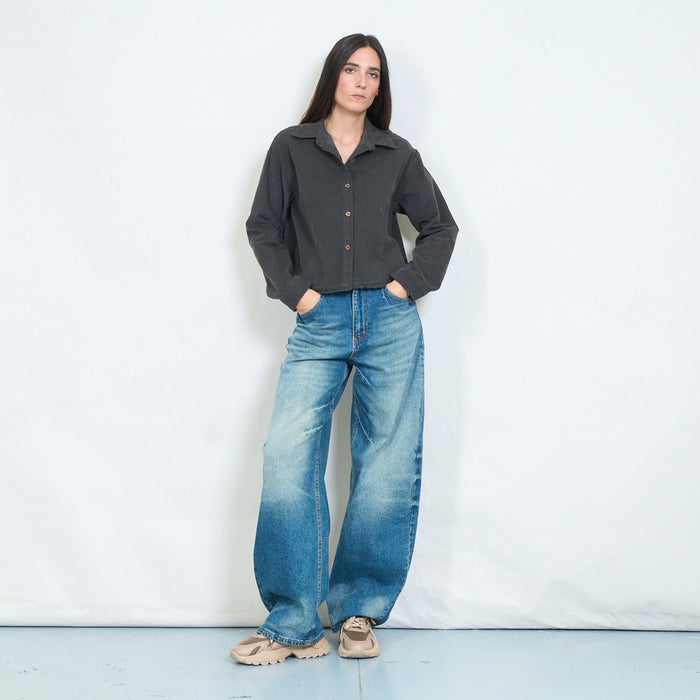 Washed cotton cropped shirt with raw edge hem wholesale