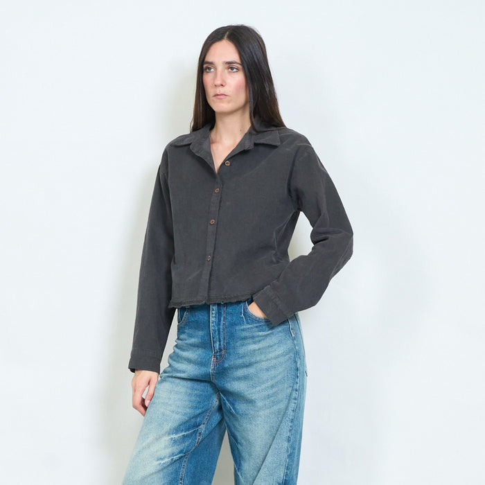 Washed cotton cropped shirt with raw edge hem wholesale