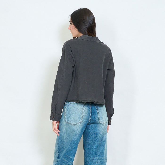 Washed cotton cropped shirt with raw edge hem wholesale