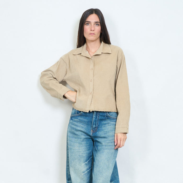 Washed cotton cropped shirt with raw edge hem wholesale