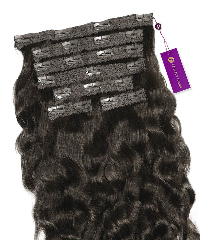 Secure or style your Remy hair with Perfect Locks' Wavy Classic Clip-In Hair Extensions in Natural Black , easy to use and flawless.#color_natural-black-(1B)