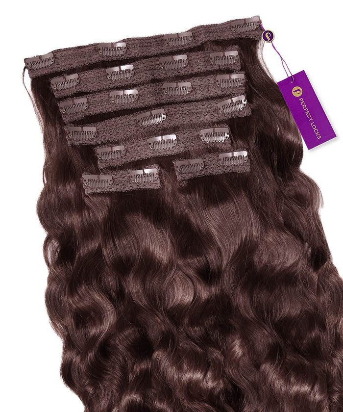 A set of Perfect Locks Wavy Classic Clip-In Hair Extensions in Chocolate Brown , neatly arranged with clips and a purple tag.#color_chocolate-brown-(3)