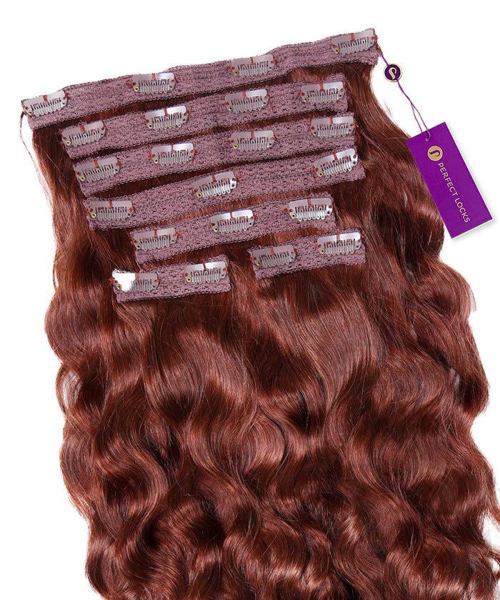 Perfect Locks Wavy Classic Clip-In Hair Extensions in Chocolate Brown , with layered wavy Remy hair and secure clips. A purple tag is on the top right extension.#color_dark-auburn-(33)