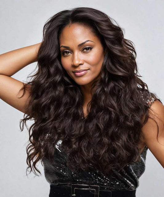A woman with long, voluminous wavy dark hair poses confidently in a sequined top against a plain light background, one hand in her hair.
