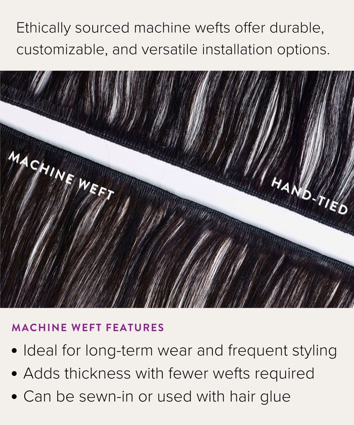 Perfect Locks' Wavy Virgin Machine Weft in Natural Black  offers Remy hair extensions with durability and fuller results.
