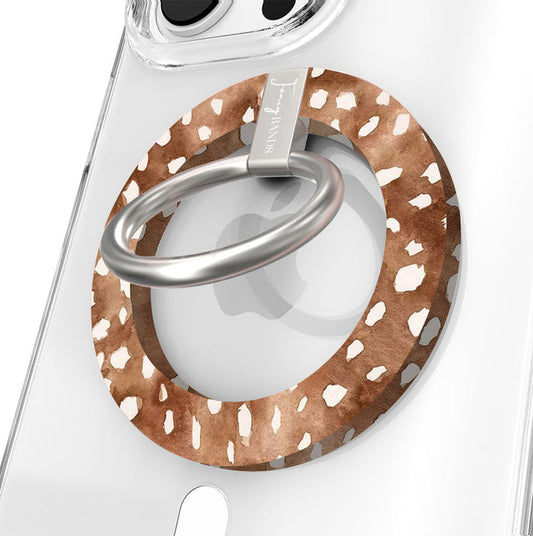 Whiskey Fawn pattern MagSafe phone grip ring with watercolor brown base and creamy white deer spots compatible with iPhone and Samsung