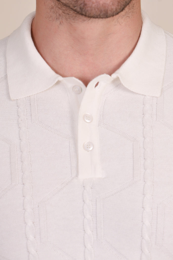 White Cable Knit Full Sleeves Polo by ITALIAN VEGA®