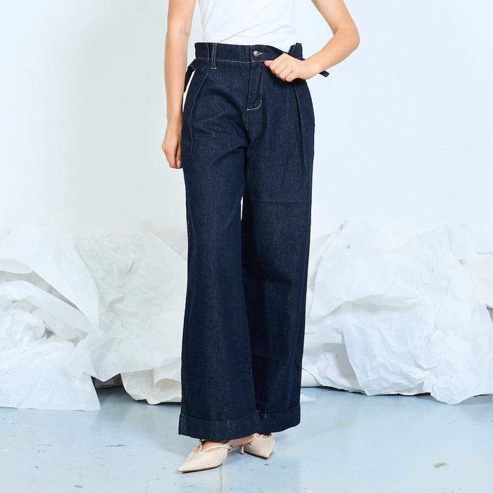 Wide-leg cuffed jeans with front pleats wholesale