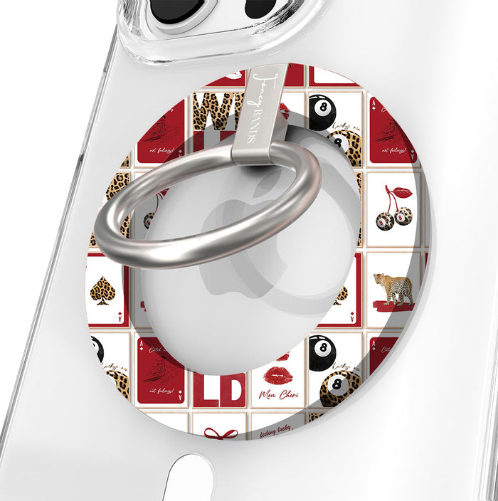 Wild Cherry collage pattern MagSafe phone grip ring with leopard print cherries, 8-balls, and playing cards on a red and white background