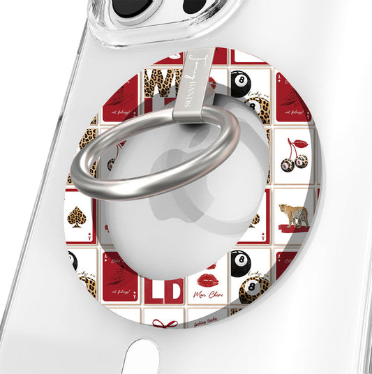 Wild Cherry collage pattern MagSafe phone grip ring with leopard print cherries, 8-balls, and playing cards on a red and white background