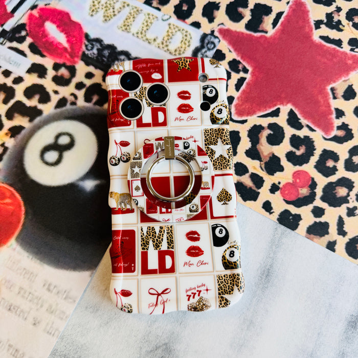 Wild Cherry collage pattern MagSafe phone grip ring with leopard print cherries, 8-balls, and playing cards on a red and white background
