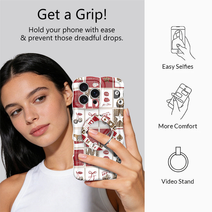 Wild Cherry collage pattern MagSafe phone grip ring with leopard print cherries, 8-balls, and playing cards on a red and white background
