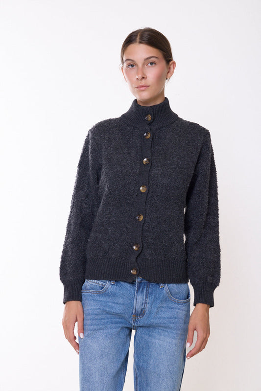 Wool-textured stand-collar button-front cardigan wholesale