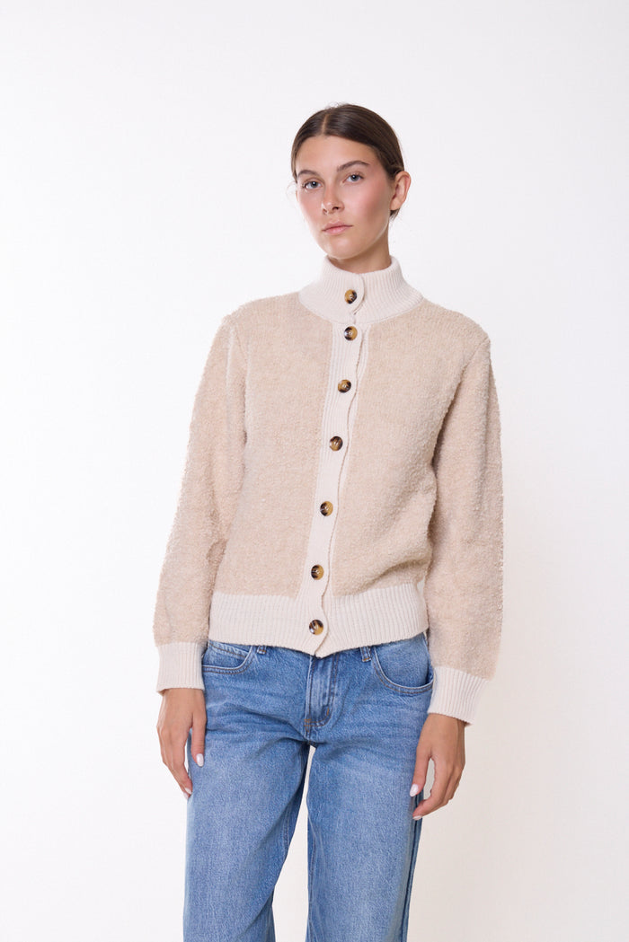 Wool-textured stand-collar button-front cardigan wholesale