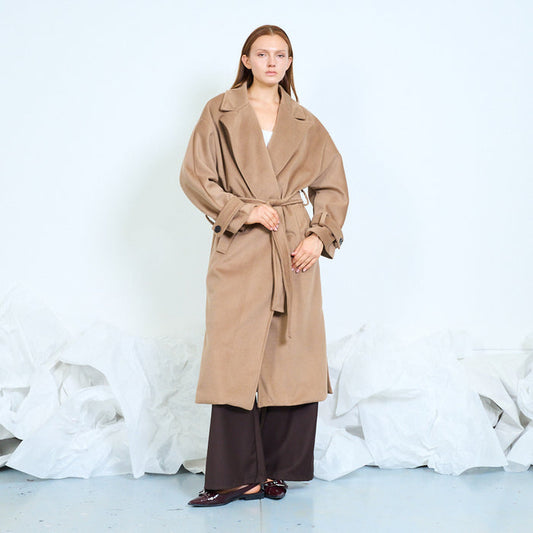 Wrap-front coat with tie waist and wide lapels wholesale